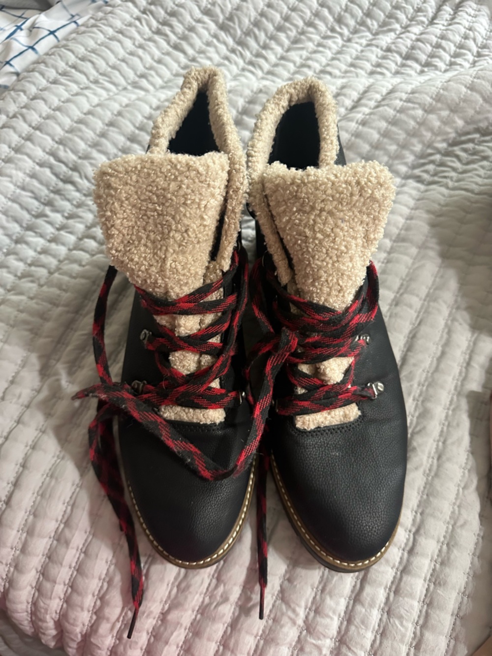 Dr. Scholl's Black Slip-On Shoes with Cream Sherpa Trim and Red Lace Detail